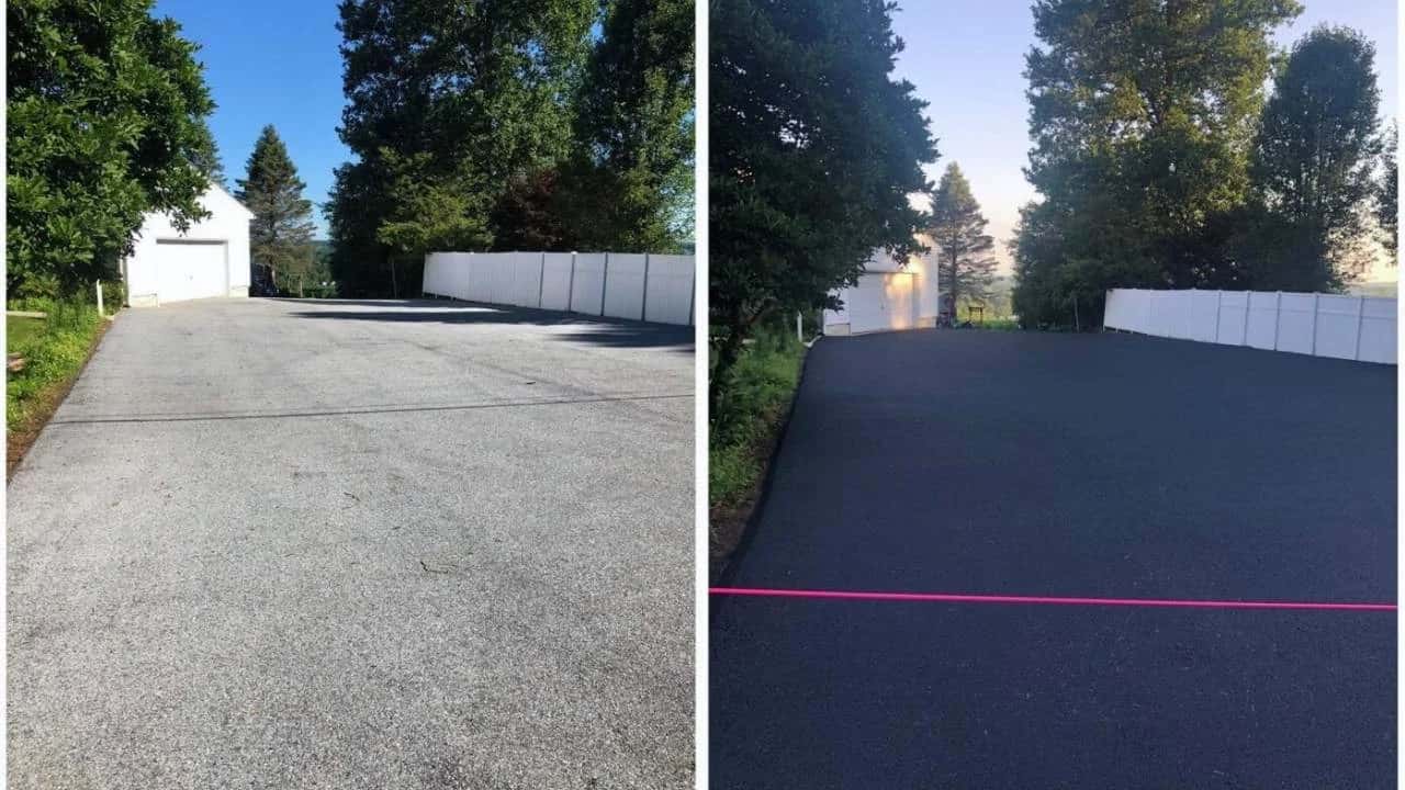 Before: Faded, grey asphalt. After: Deep black, freshly sealed driveway.