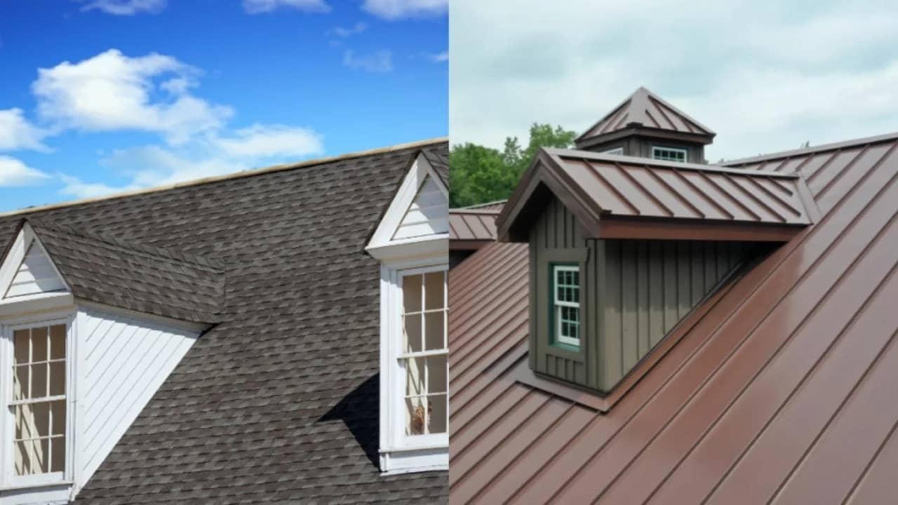 Before: Old, worn shingles and worry. After: Beautiful metal roof, peace for life.